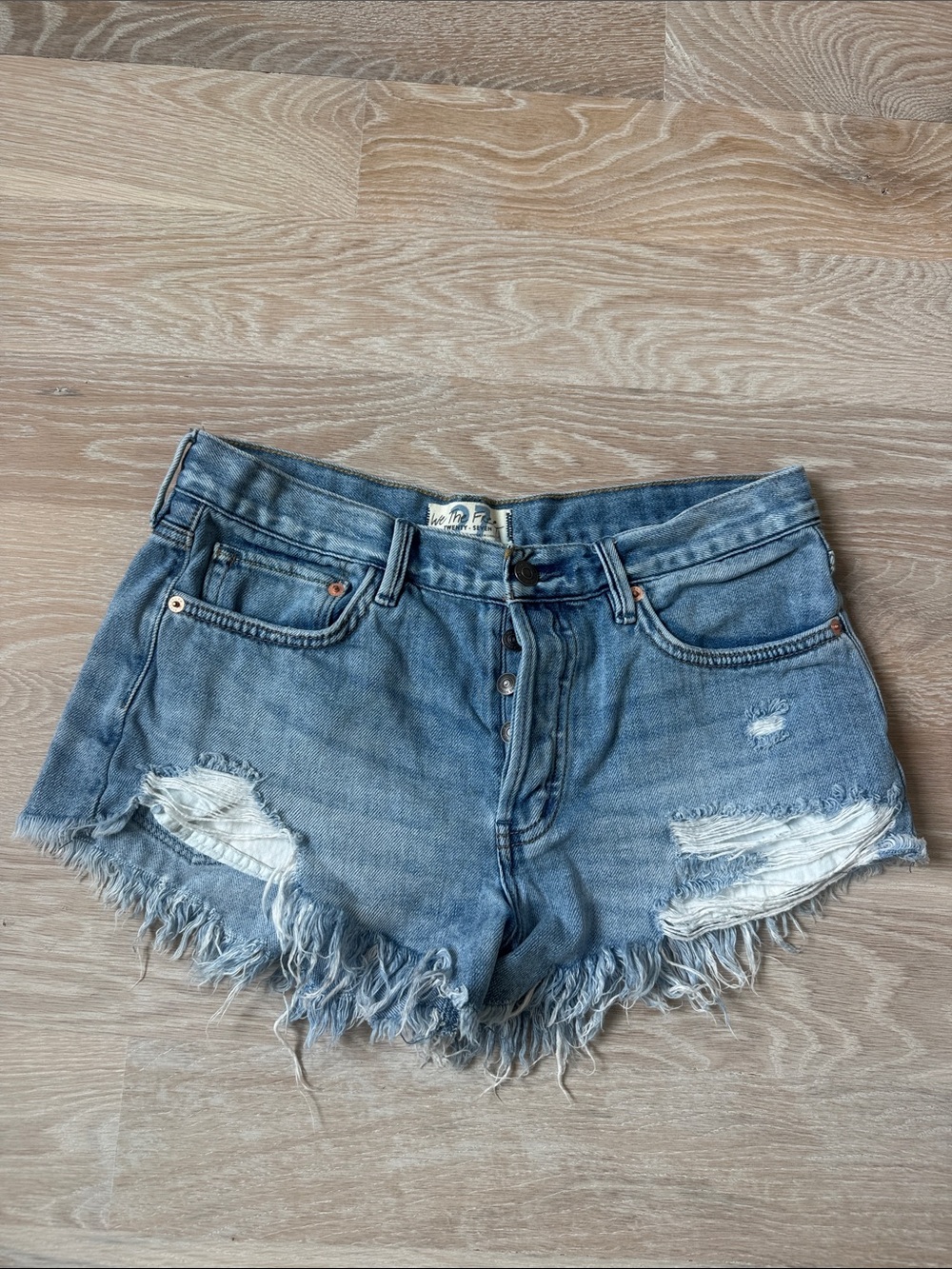 Distressed Denim Shorts - Light Blue